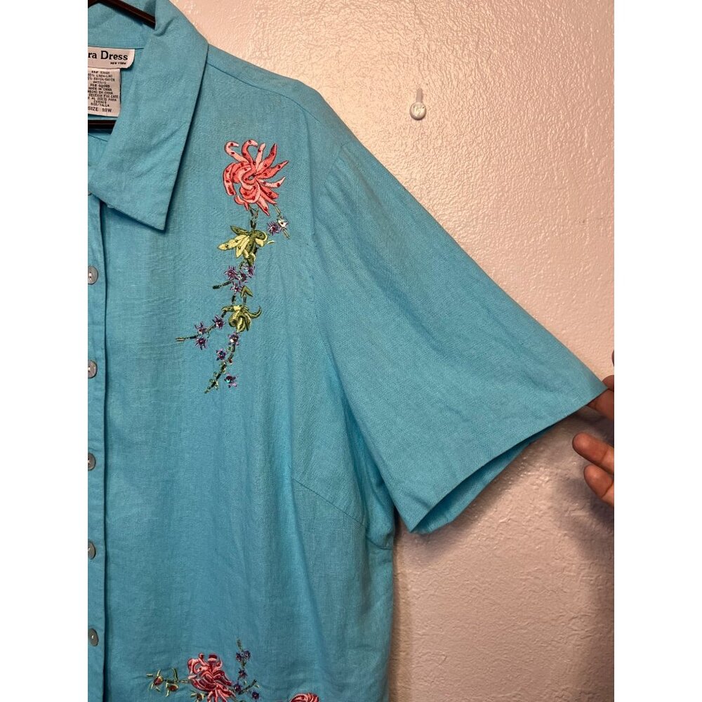 VINTAGE Ultra Dress Size 18W Blue Embroidered Floral Two-Piece Linen/Rayon Set - Picture 4 of 16